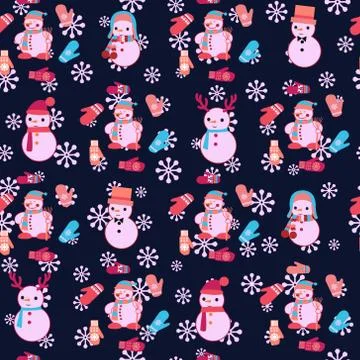 Christmas Seamless Pattern with cute snowmen and mitten. Stock Illustration