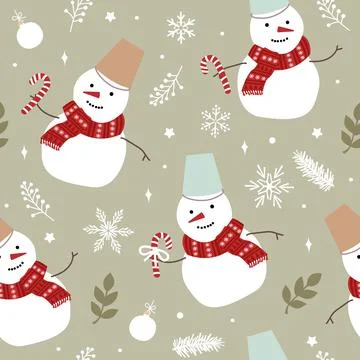Christmas seamless pattern of cute snowmen and snowflakes. Modern simple flat Stock Illustration