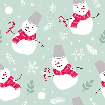 Christmas seamless pattern of cute snowmen and snowflakes. Modern simple flat Stockillustratie