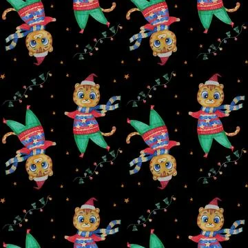 Christmas Seamless pattern with cute tiger. Beautiful New Years tiger Santa in Illustrazione stock