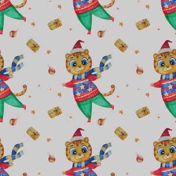 Christmas Seamless pattern with cute tiger. A beautiful New Years tiger in Sa Stock Illustration