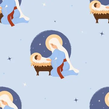 Christmas seamless pattern. Cute Virgin Mary with baby Jesus Christ in mang.. イラスト素材
