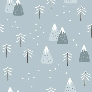 Christmas seamless pattern. Cute winter landscape with textured mountains, fir 스톡 일러스트