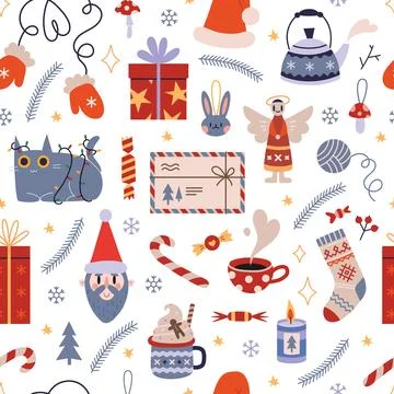 Christmas seamless pattern with cute winter cozy elements on a white backgrou イラスト素材
