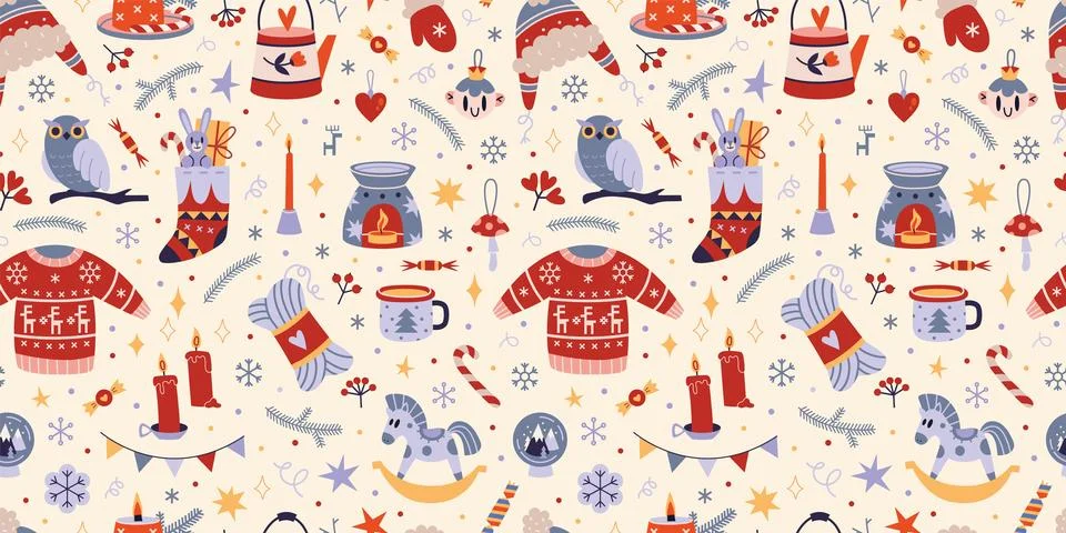 Christmas seamless pattern with cute winter cozy elements on a light backgr.. Illustrazione stock