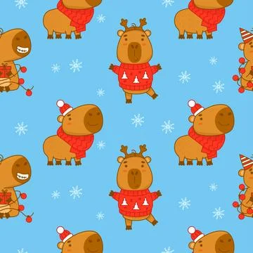Christmas Seamless pattern with Cute winter capybara on blue background wit.. 스톡 일러스트