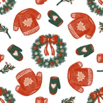 Christmas seamless pattern with cute winter cozy elements, vector design Illustrazione stock