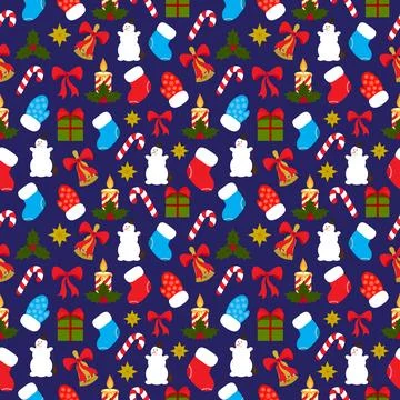 Christmas seamless pattern on dark blue background for wrapping paper, wall.. Stock Illustration