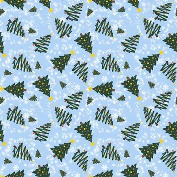 Christmas seamless pattern with decorated trees, snowflakes and colorful ligh Stock Illustration