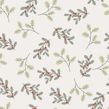 Christmas seamless pattern decorative branch with leaves and red berries. P.. Stock Illustration