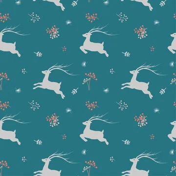 Christmas seamless pattern with deer and wildflower on pastel mood Stock Illustration