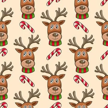 Christmas seamless pattern with deer and candy cane 库存插图