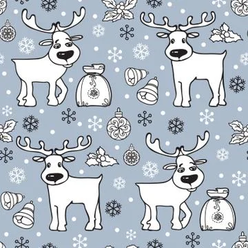 Christmas seamless pattern with deer. Gift, reindeer, toys, snowflake. Vector Illustrazione stock