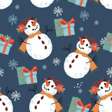Christmas seamless pattern design with snowman and gifts for packaging vector Stock Illustration