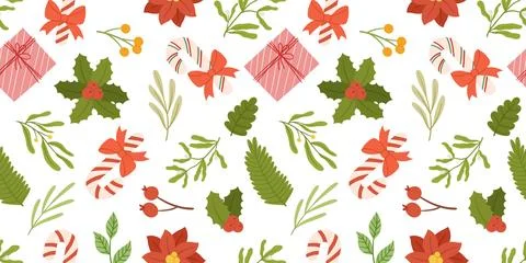 Christmas seamless pattern design with traditional candy cane with bow, holly Stock Illustration