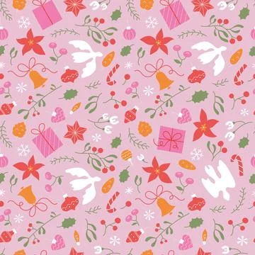 Christmas seamless pattern of different hanging bell, ball, toy. Cute kawaii Stock Illustration