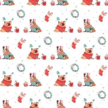Christmas seamless pattern with dogs and festive hot drinks. Vector wallpaper in Stock Illustration