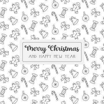 Christmas seamless pattern. Doodle black outline decoration on white. Winte.. Stock Illustration