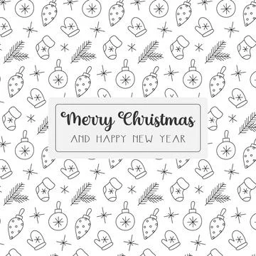 Christmas seamless pattern. Doodle black outline decoration on white. Winte.. Stock Illustration
