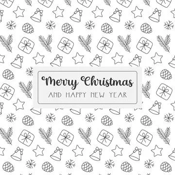Christmas seamless pattern. Doodle black outline decoration on white. Winte.. Stock Illustration