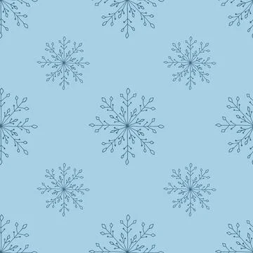 Christmas seamless pattern with doodle snowflakes on a blue background. Stock Illustration
