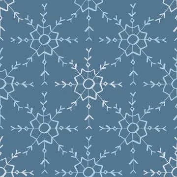 Christmas seamless pattern with doodle snowflakes on a blue background. Stock Illustration