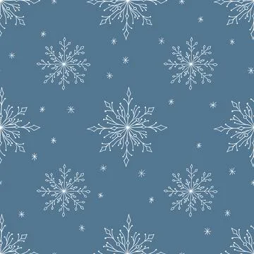 Christmas seamless pattern with doodle snowflakes on a blue background. Stock Illustration
