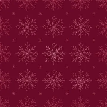 Christmas seamless pattern with doodle snowflakes on a red background. Illustrazione stock