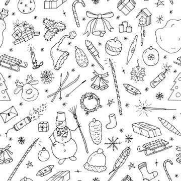 Christmas seamless pattern in doodle style.Hand drawn illustration. 스톡 일러스트