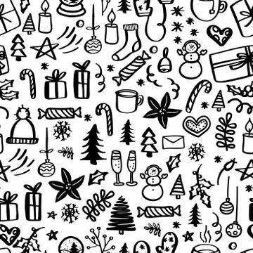 Christmas seamless pattern with doodles. Hand drawn xmas illustrations. Stock Illustration