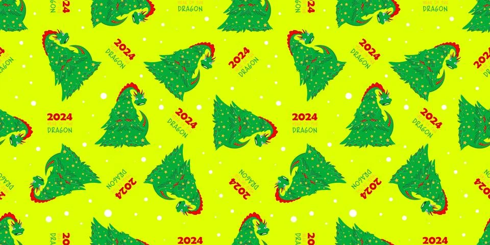 Christmas seamless pattern with dragons ha yellow background.Dragon symbol of Stock Illustration