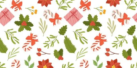 Christmas seamless pattern with evergreen plants, mistletoe, holly berry and  Stock Illustration