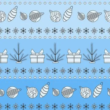 Christmas seamless pattern featuring baubles, gifts, snowflakes on blue bac.. Stock Illustration