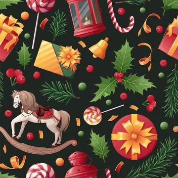 Christmas seamless pattern with festive decor on a dark background. Christmas Stock Illustration