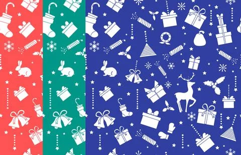 Christmas seamless pattern with festive icons on colorful backgrounds, incl.. Stock Illustration