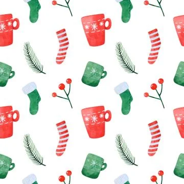 Christmas seamless pattern with festive mugs and socks, rowan and spruce twigs Stock Illustration