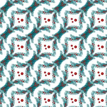 Christmas seamless pattern with fir branches and red berries for postcards and Stock Illustration
