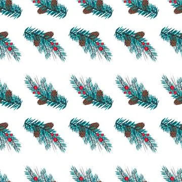 Christmas seamless pattern with fir branches with blue needles, red berries and Stock-Illustration