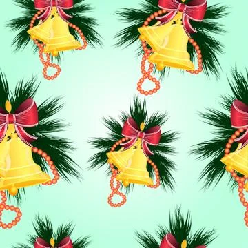 Christmas seamless pattern. Fir tree branch with bells and Christmas decorati Stock Illustration