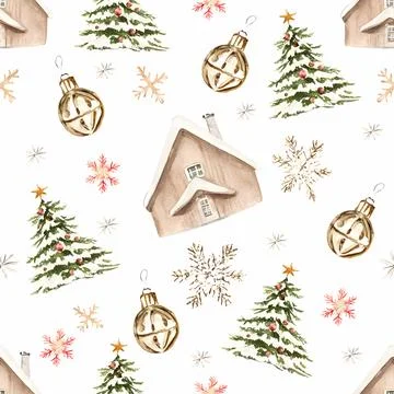 Christmas seamless pattern with fir trees, snowflakes, and houses. Watercolor Stock Illustration