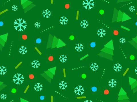 Christmas seamless pattern with fir trees, snowflakes and Christmas balls. .. Stock Illustration