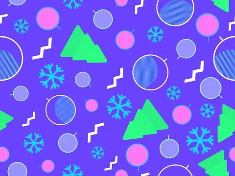 Christmas seamless pattern with fir trees, snowflakes and Christmas balls. .. Stock Illustration