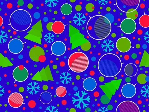 Christmas seamless pattern with fir trees, snowflakes and Christmas balls. .. Stock Illustration
