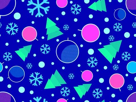Christmas seamless pattern with fir trees, snowflakes and Christmas balls. .. Stock Illustration