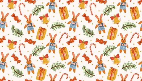 Christmas seamless pattern in flat cartoon style with plush bunny, gift, ca.. Stock Illustration