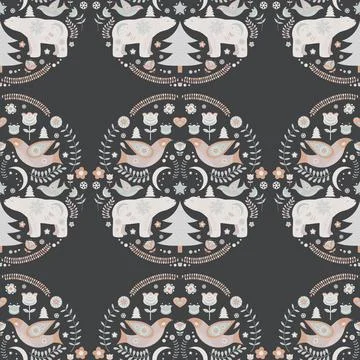 Christmas seamless pattern in folk style with polar bears, birds and floral Stock Illustration