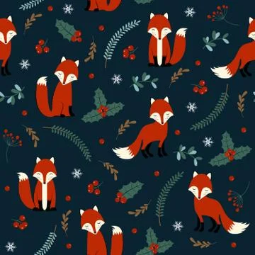 Christmas seamless pattern with fox background, Winter pattern with holly ber Stock Illustration