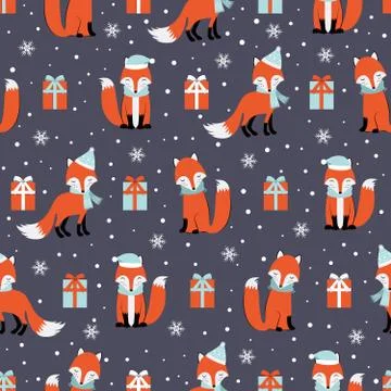 Christmas seamless pattern with fox background, Winter pattern with giftbox,  Stock Illustration