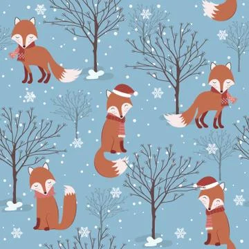 Christmas seamless pattern with fox background, Winter pattern with dry tree, Stock Illustration