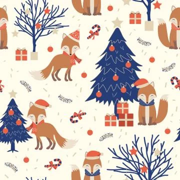 Christmas seamless pattern with fox background, Winter pattern with christmas Stock Illustration